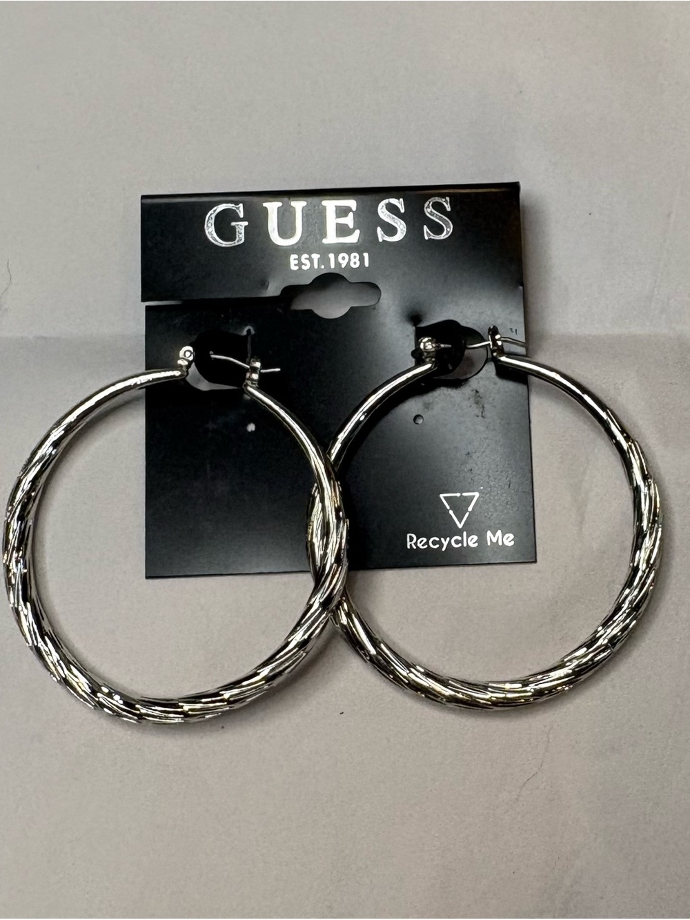 GUESS Silver Tone Round Hoop Earrings Metal Butterfly Closure